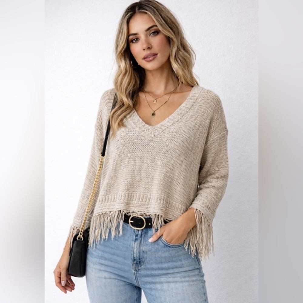FATE Beige Fringe Knit Sweater Boho V-Neck Lightweight Size Small